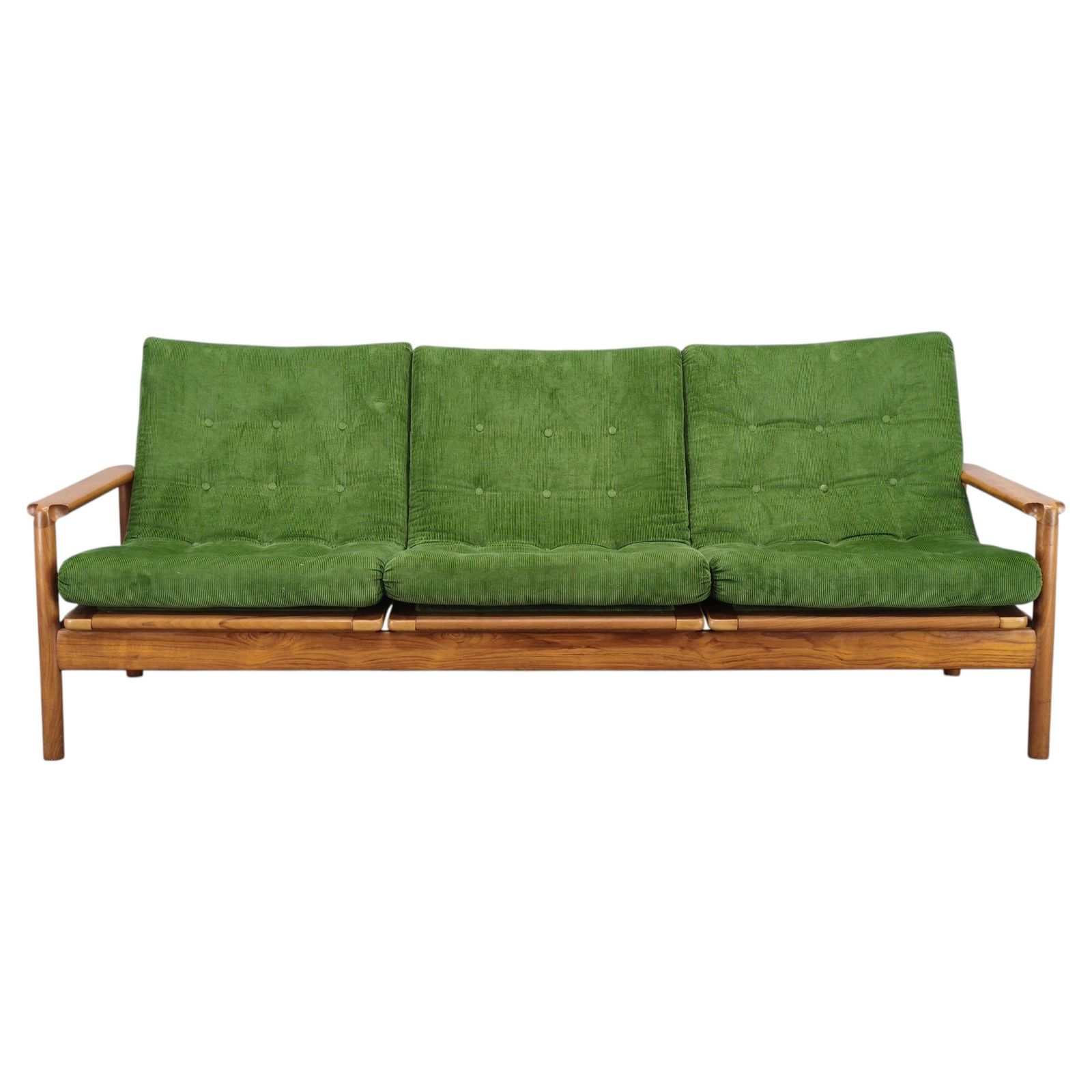Deens vrijstaand teakhouten sofa in groen corduroy, jaren 1970