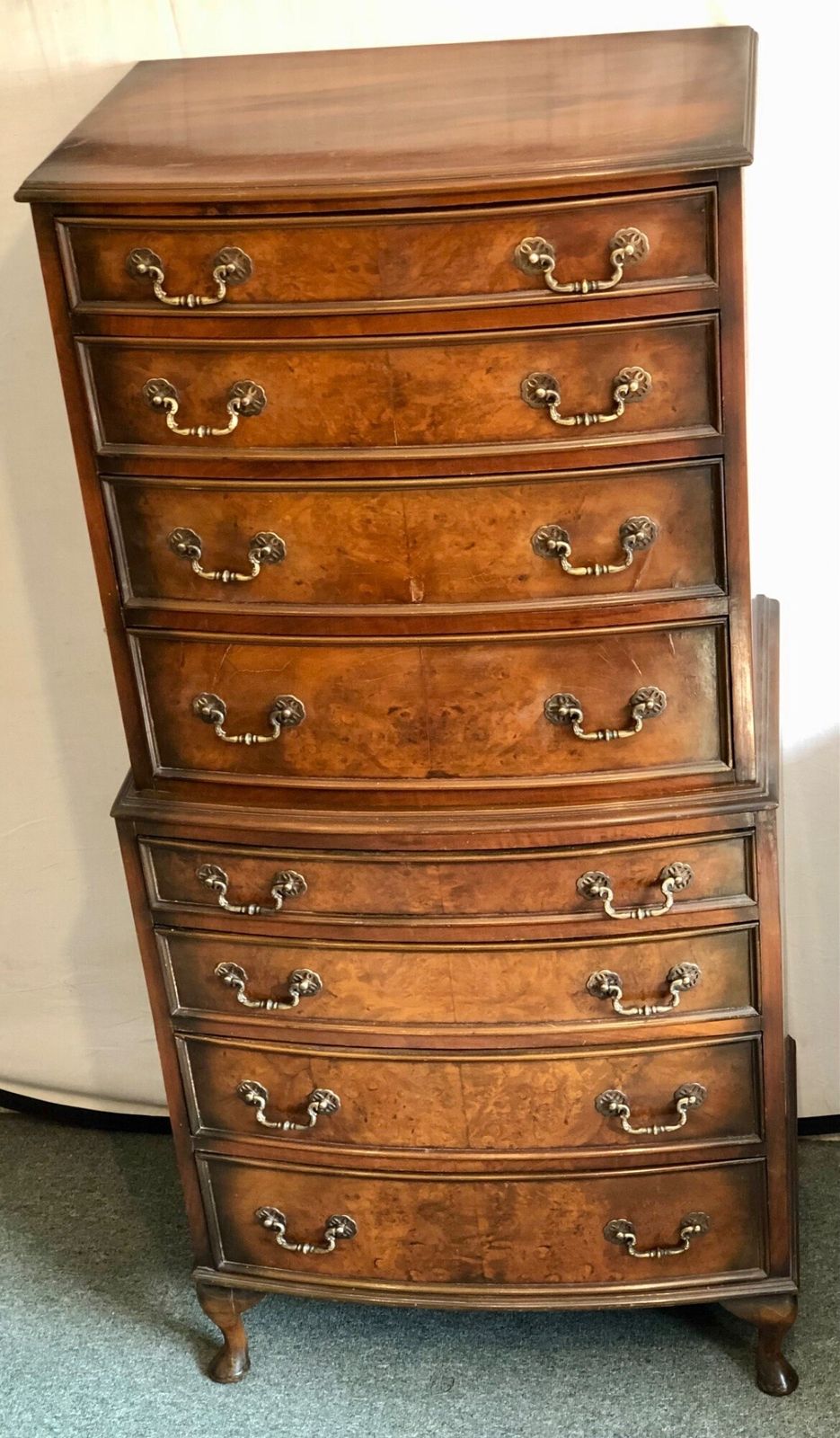 Small Early 20th Century Bow Fronted Walnut Tallboy photo for sale