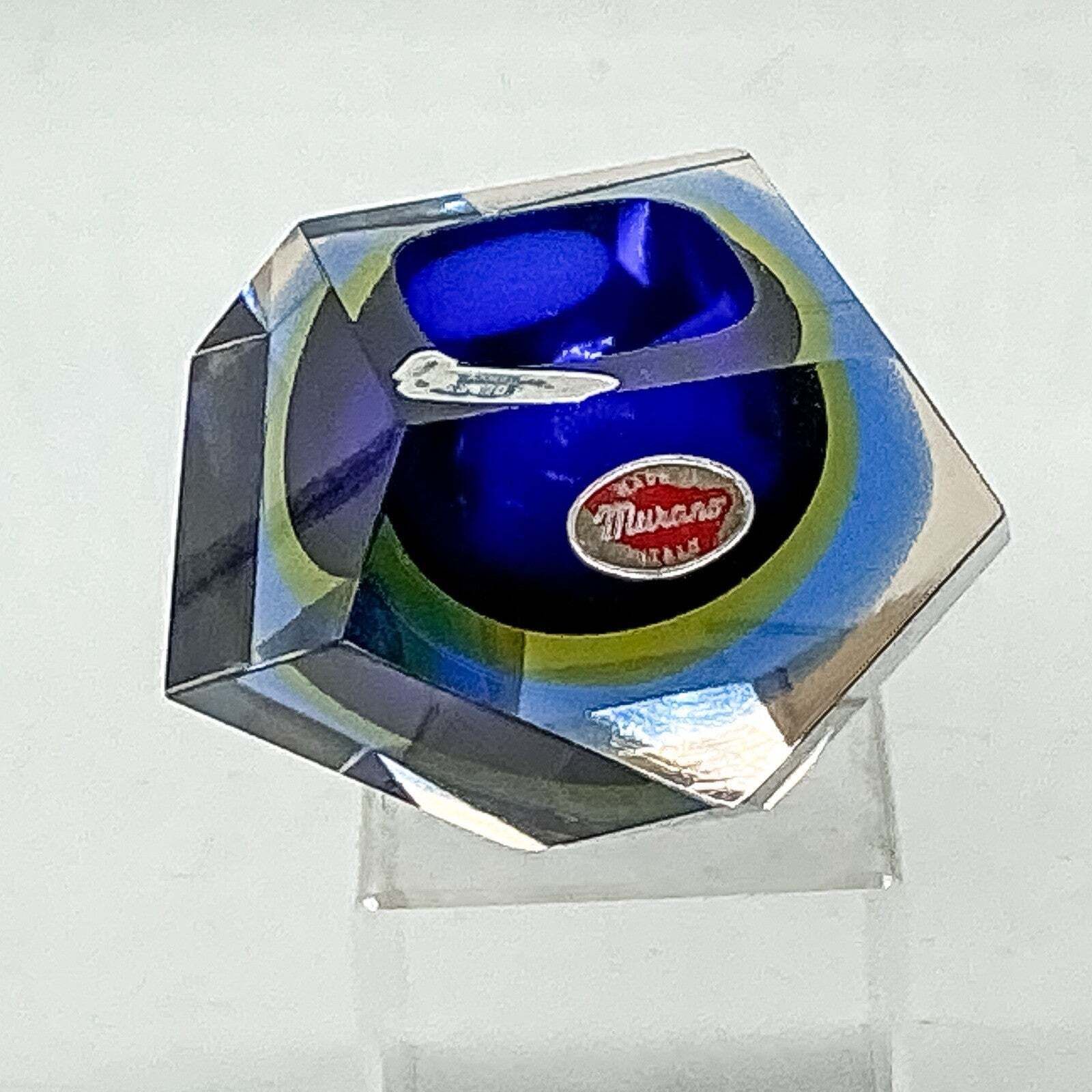 Multi Faceted Murano Sommerso Glass Bowl Mid Century Blue Yellow 70s photo furniture