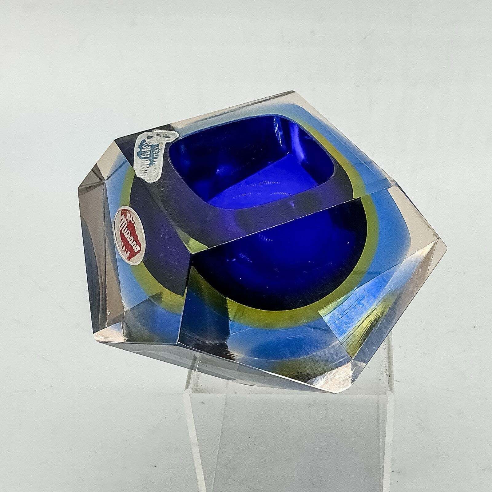 Multi Faceted Murano Sommerso Glass Bowl Mid Century Blue Yellow 70s photo Home Decor