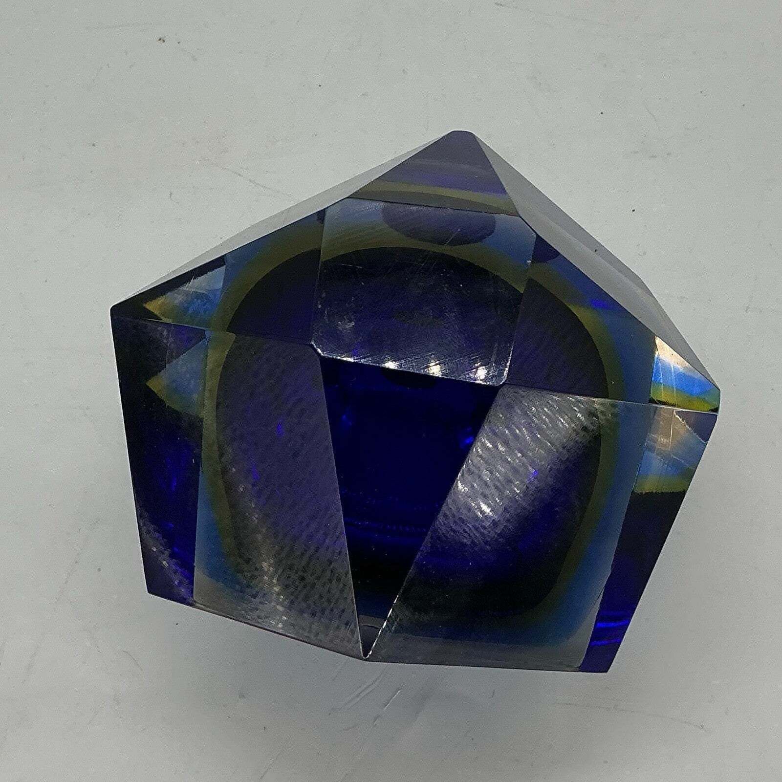 Multi Faceted Murano Sommerso Glass Bowl Mid Century Blue Yellow 70s photo vinterior