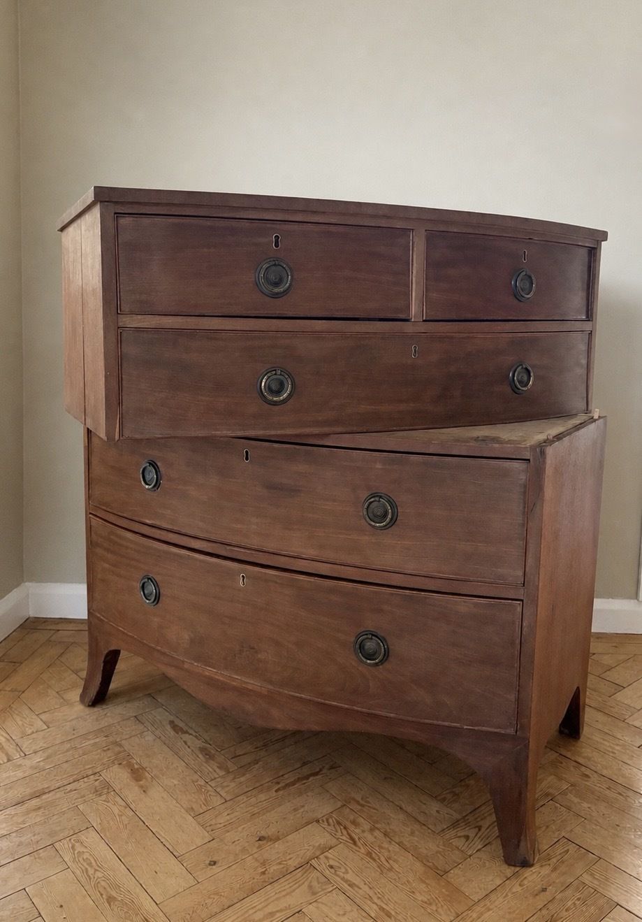 Antique Mahogany Bow Fronted Chest Of Drawers ( Separated Into Two Parts )