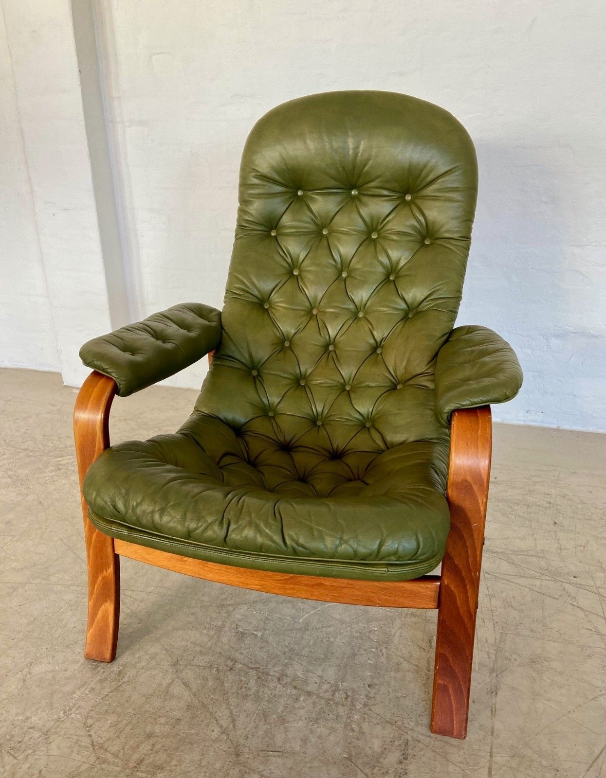 Vintage Swedish Gote Møbler Olive Green Leather Lounge Chair  1970,S photo furniture
