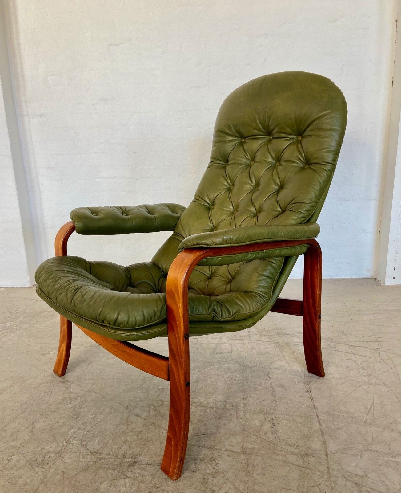 Vintage Swedish Gote Møbler Olive Green Leather Lounge Chair  1970,S photo vintage