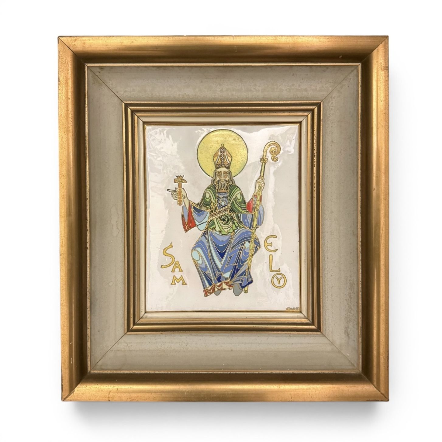 Signed Medieval Revival Enamel Plaque Of Saint Eligius, French, Mid 20th Century