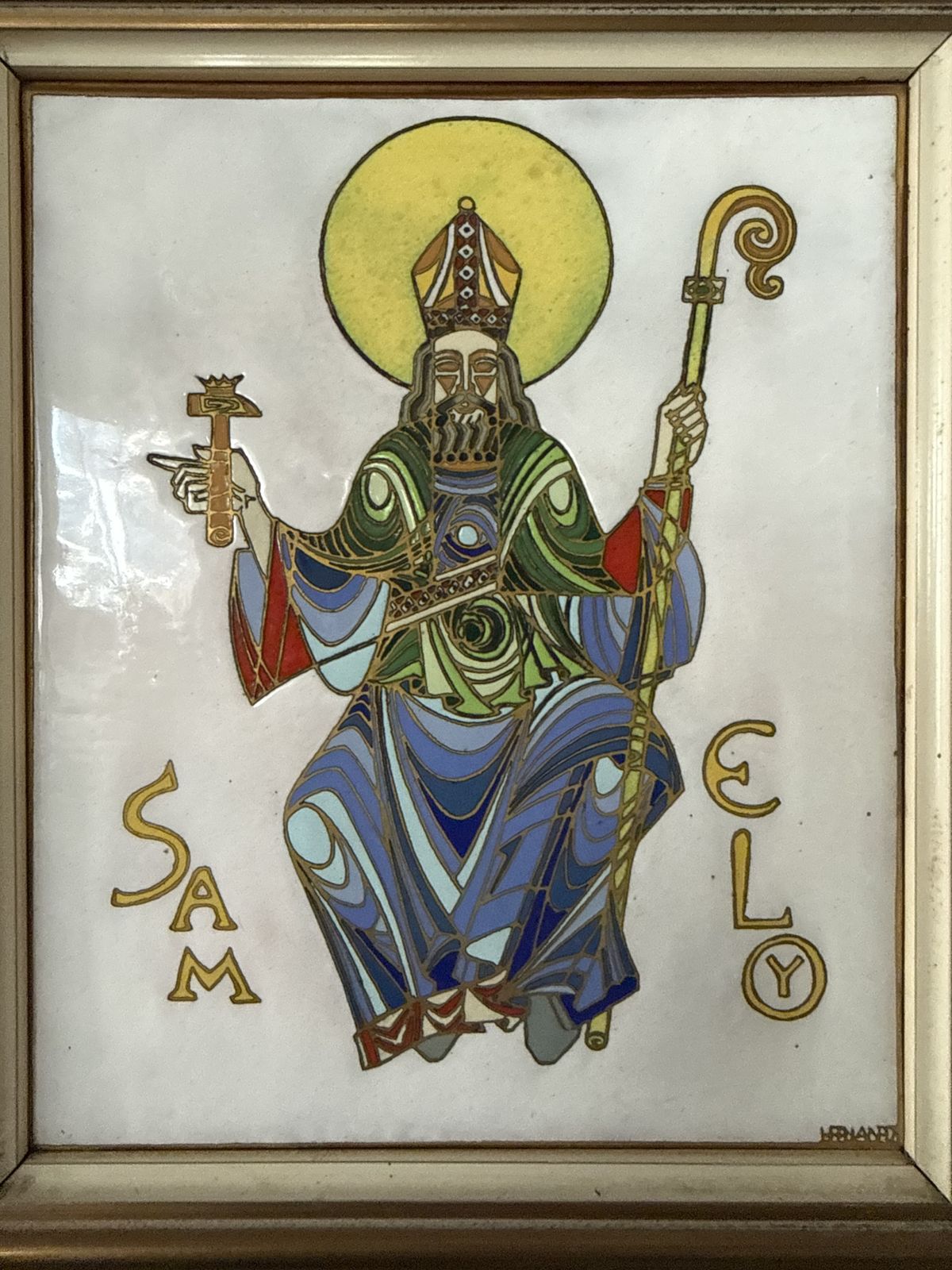 Signed Medieval Revival Enamel Plaque Of Saint Eligius, French, Mid 20th Century photo buy