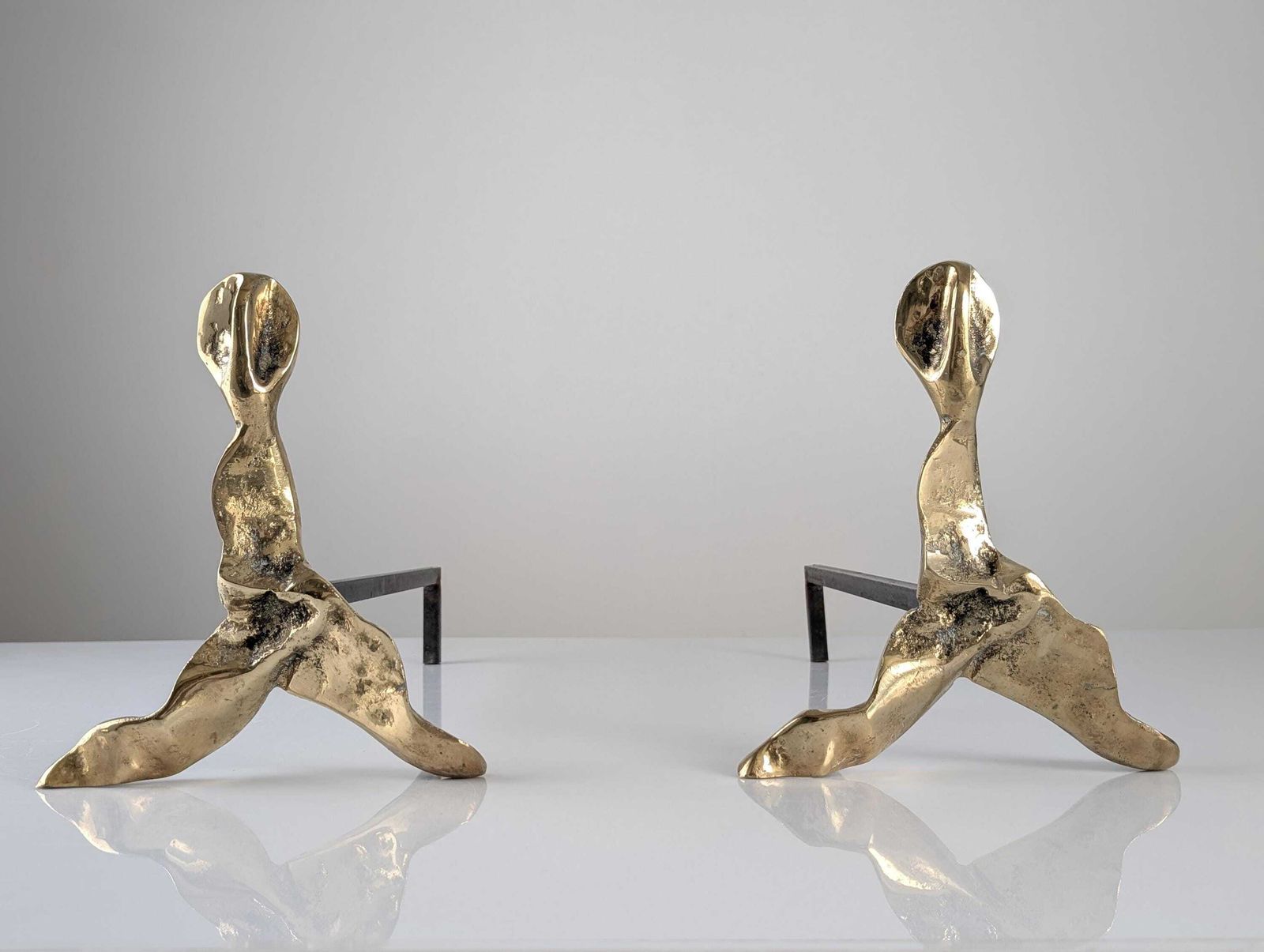 Pair Of Brutalist Sculptural Bronze Fireplace Andirons, 1970s photo Home Fixtures