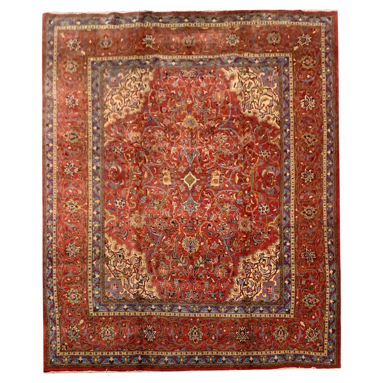 Groot vintage wollen tapijt, handgeweven, traditioneel rood vloerkleed