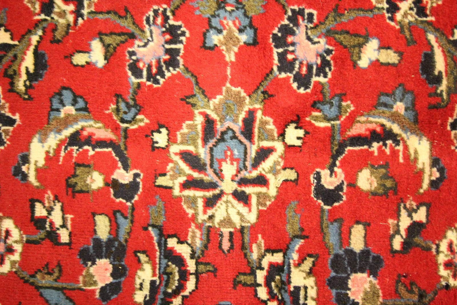 photo vinterior Tapis d'orient rouge fait main, motifs floraux traditionnels, tapis de salon