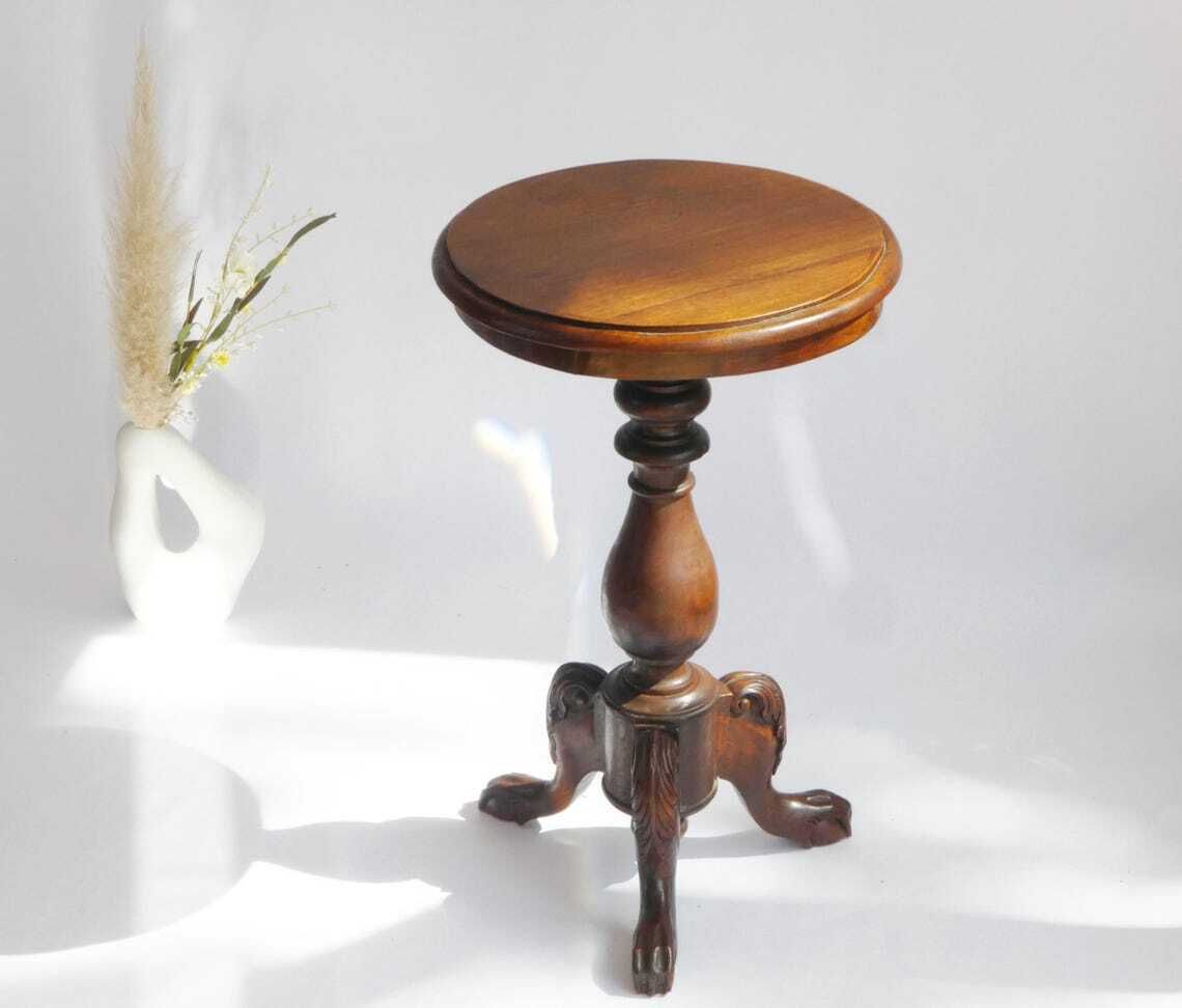 Antique Round Victorian Wooden Side Table Walnut Wine Table With Carved Details Wooden Tripod Pedestal