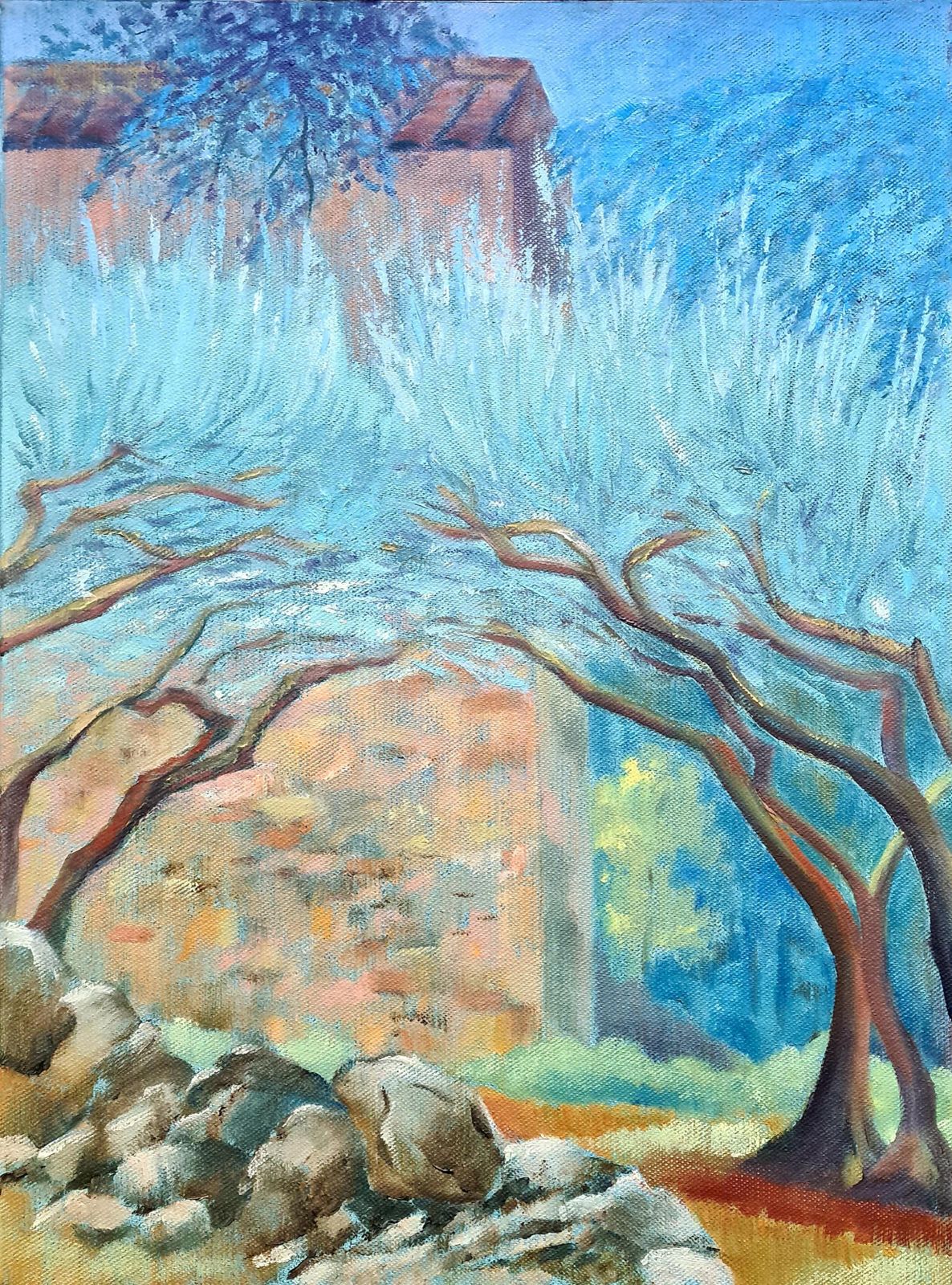 French Bastide Landscape Painting, Oil On Canvas, Late 20th Century