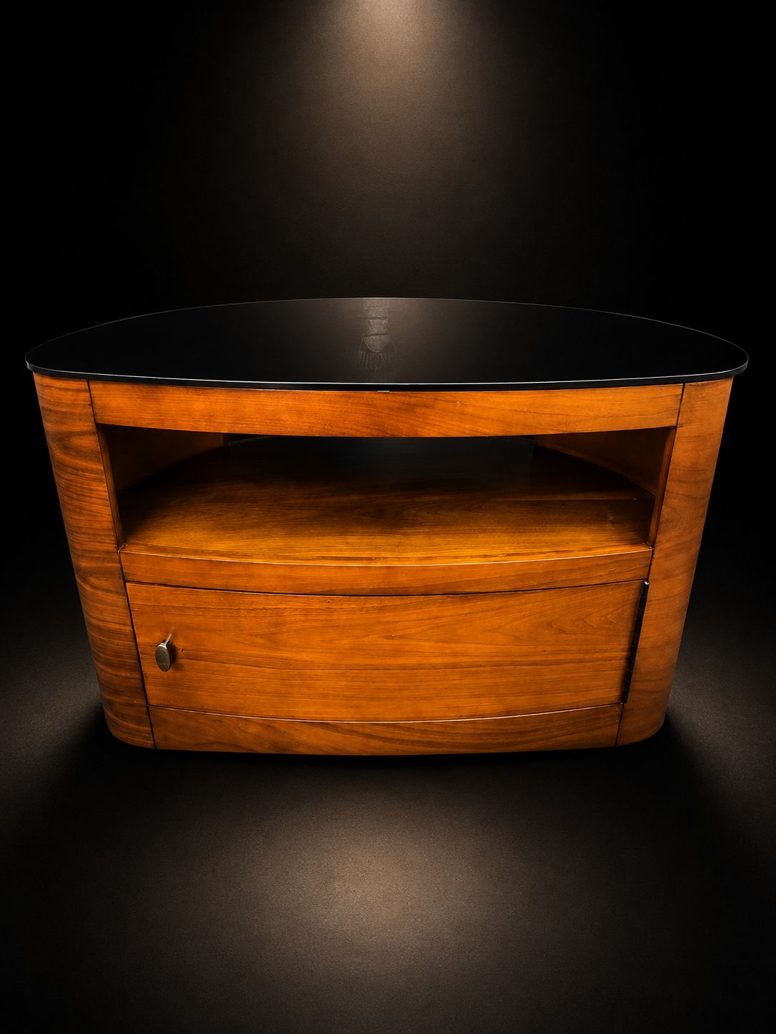 Art Deco Style Curved Wooden Tv Stand Black Glass Top Media Unit