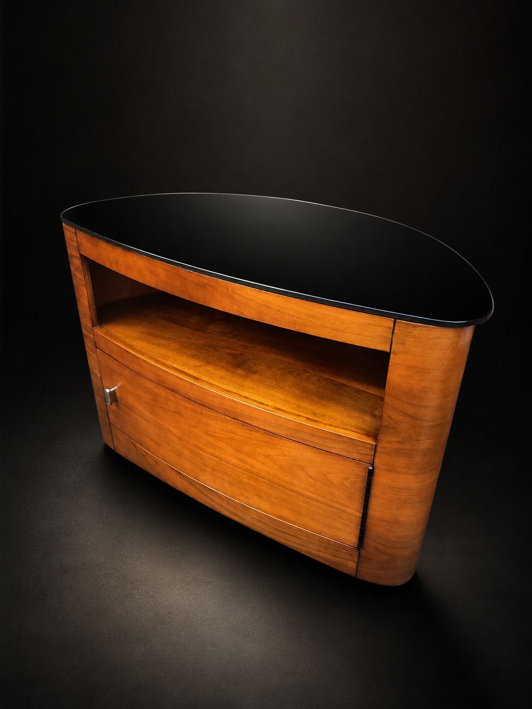 Art Deco Style Curved Wooden Tv Stand Black Glass Top Media Unit photo furniture
