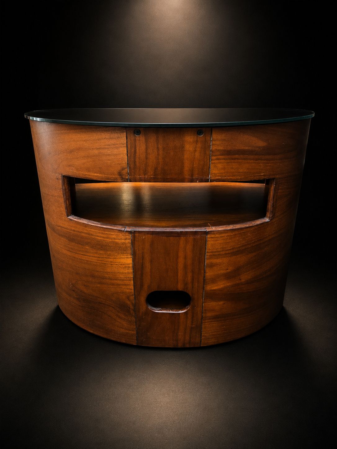 Art Deco Style Curved Wooden Tv Stand Black Glass Top Media Unit photo 395.0