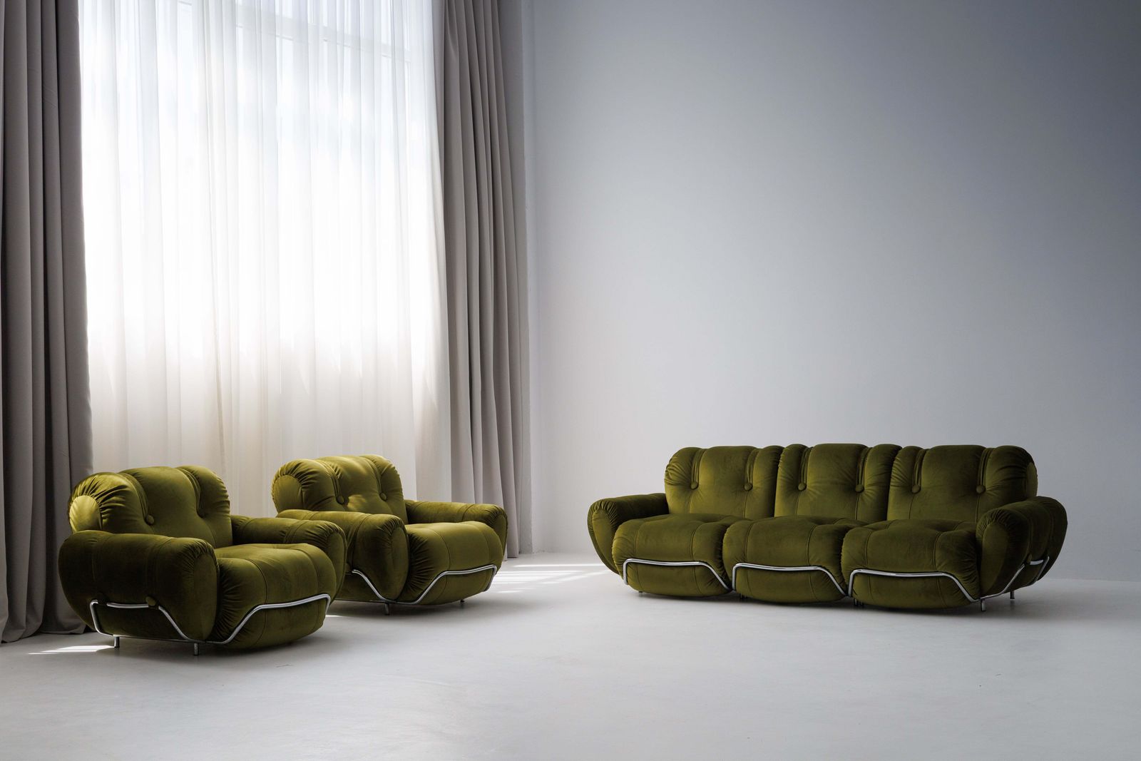 Three Seater Sofa And Armchairs Dining Set By Adriano Piazzesi, Reupholstered Olive Velvet