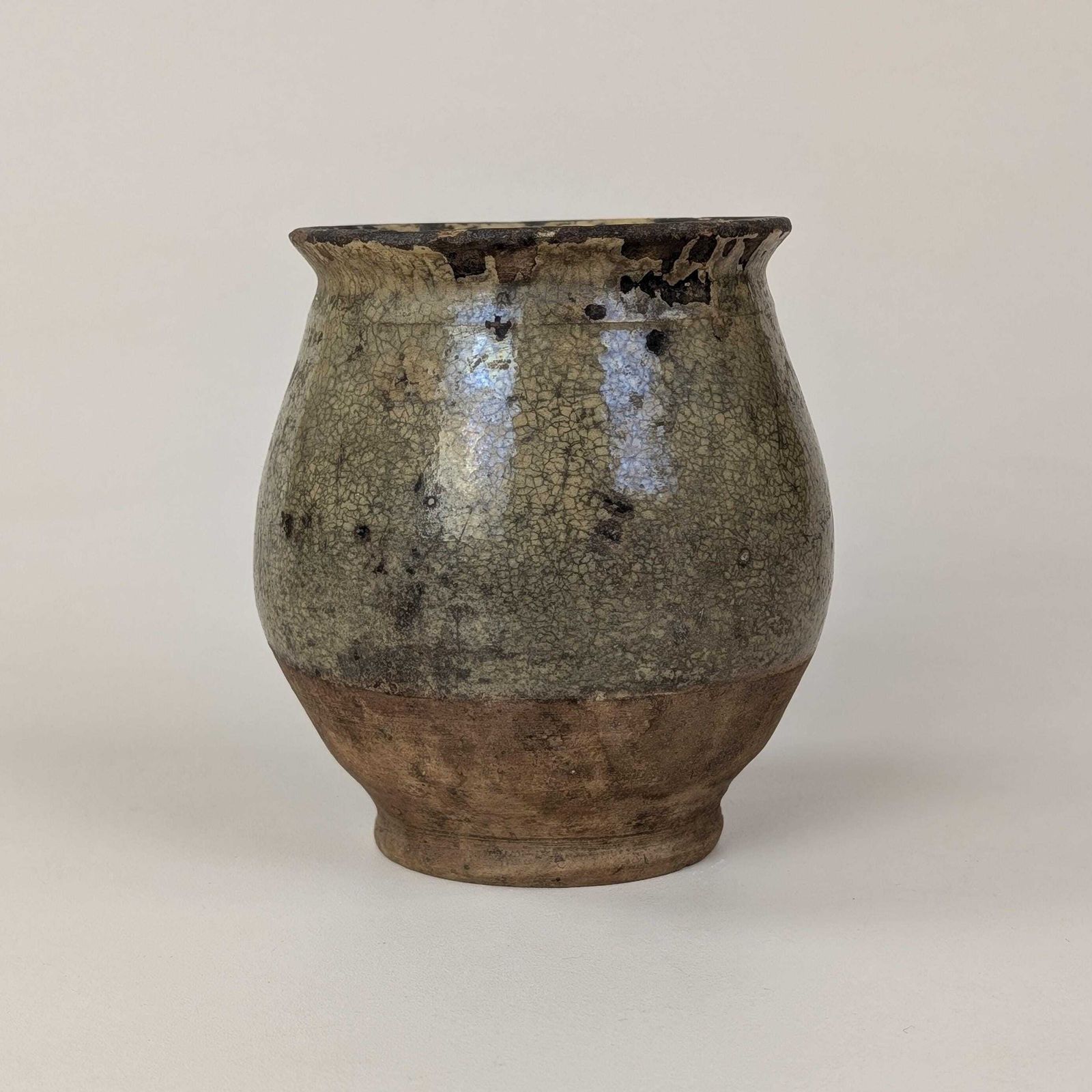 Antique French Confit Pot, Small Glazed Stoneware Crock, Rustic Earthenware Vessel, Crackled Patina Farmhouse Jar, Antique Desk Accessory photo vinterior