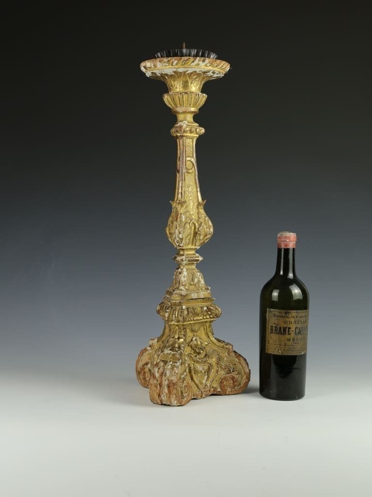 Antique Italian Altar Candlestick – Hand Carved Wood With Gilt And Gesso photo for sale