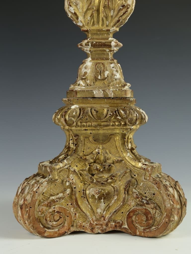 345.0 Antique Italian Altar Candlestick – Hand Carved Wood With Gilt And Gesso photo