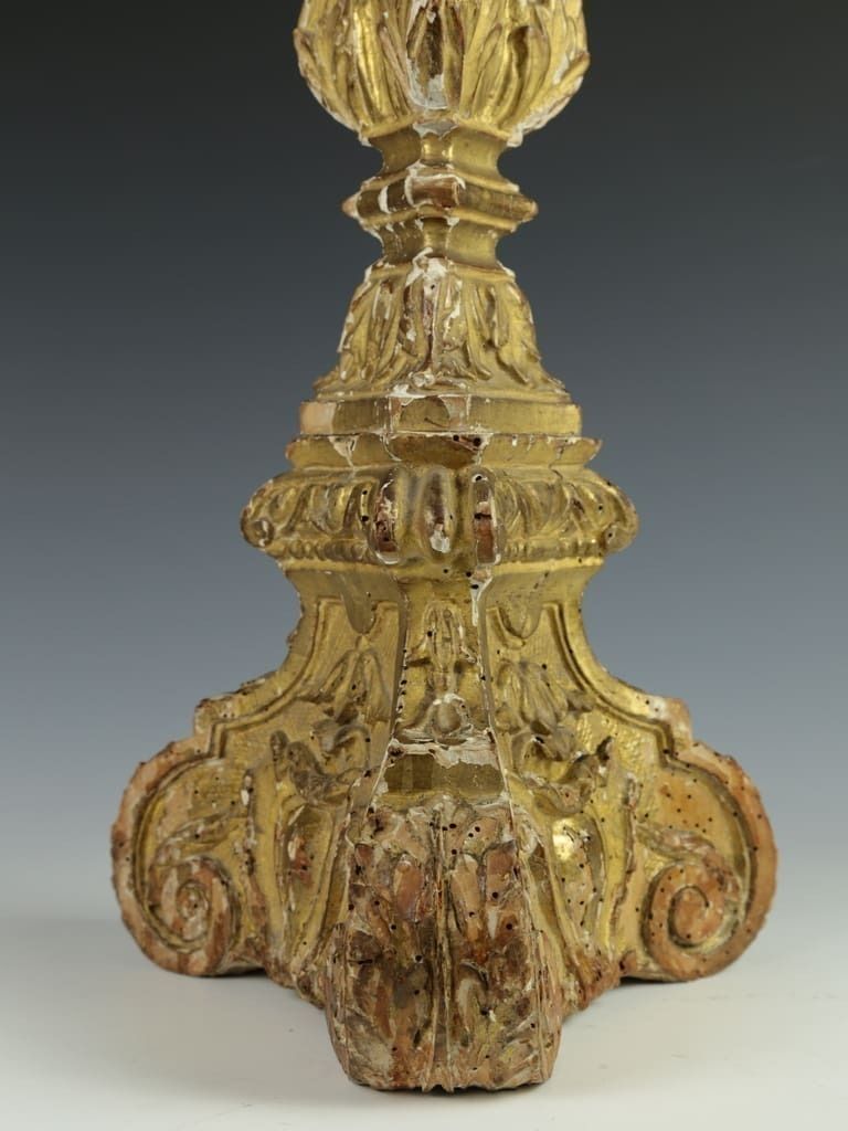 photo buy Antique Italian Altar Candlestick – Hand Carved Wood With Gilt And Gesso
