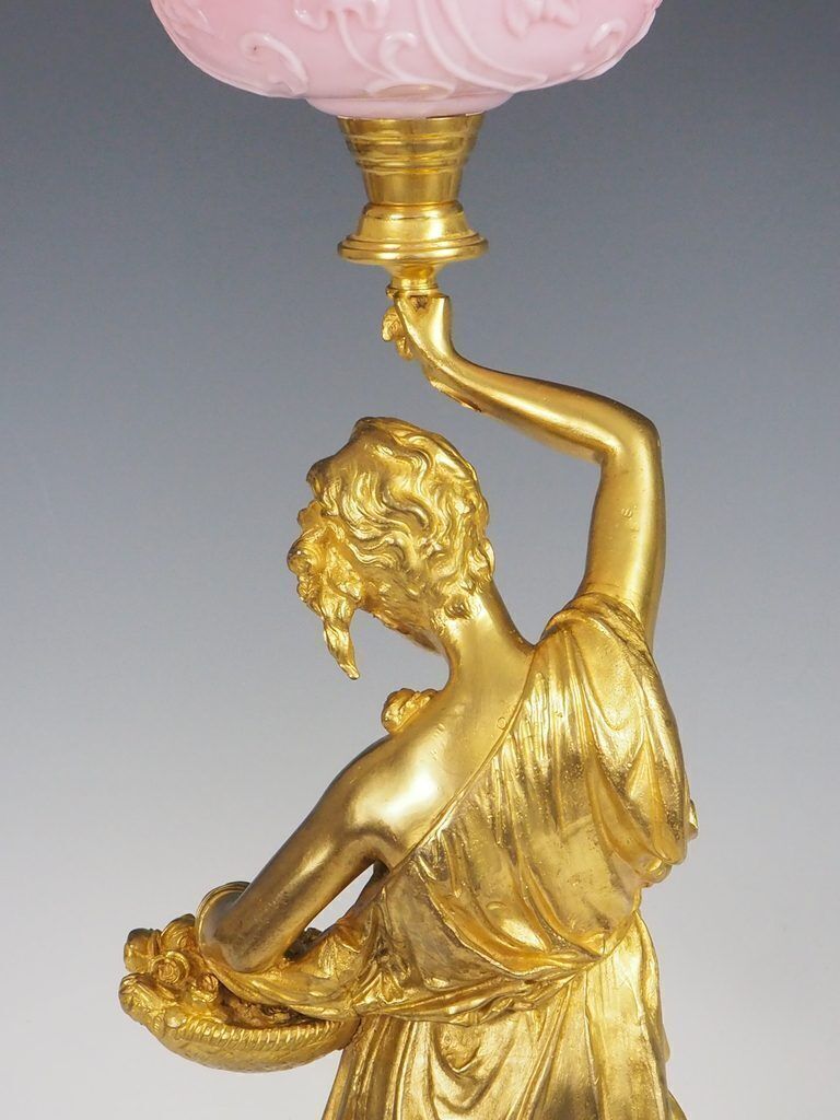 Lighting Antique Carrier Beluese Gilt Bronze Lady Oil Lamp Signed photo