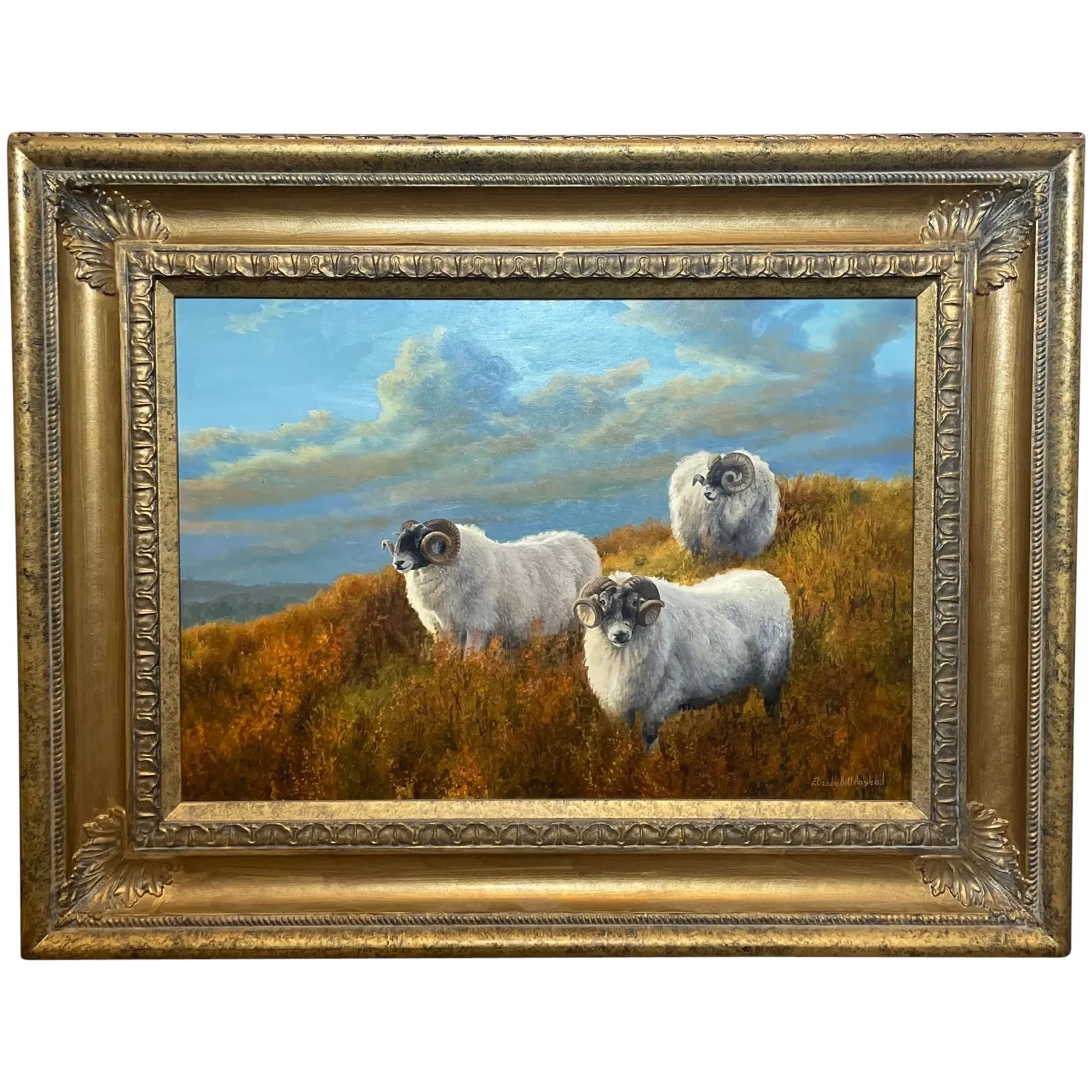 British Oil Painting Sheep In Scottish Highlands Landscape Signed By Elizabeth Halstead,