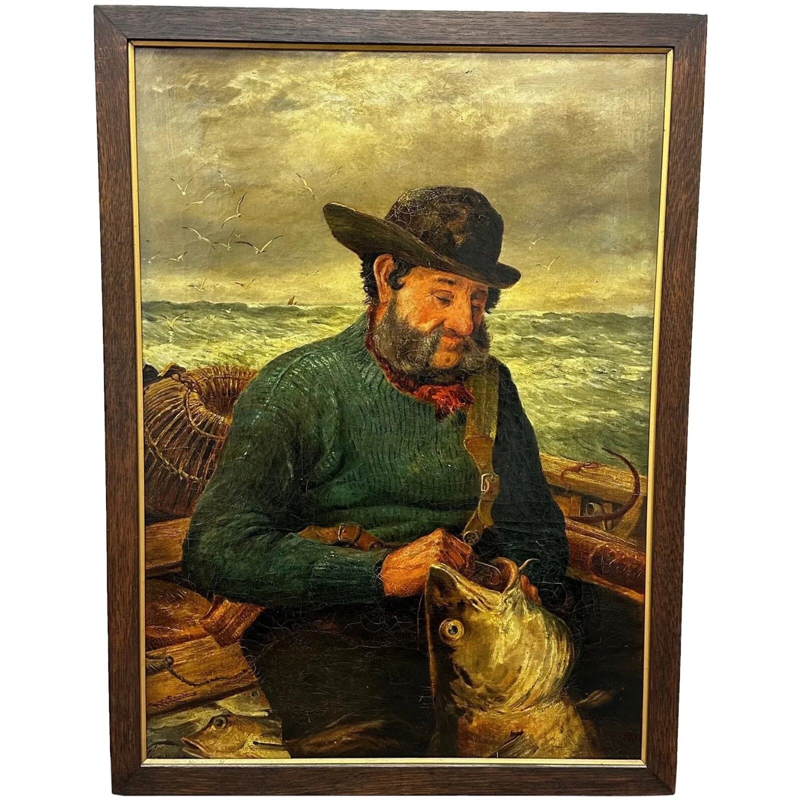 19th Century Marine Oil Painting Portrait Cornish Fisherman Hooked Catch By Richard Harry Carter