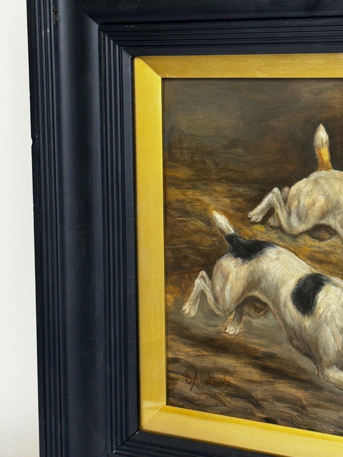 19e-eeuws jachtschilderij in olieverf, twee Jack Russell Terrier honden die een rat achtervolgen in een schuur, gesigneerd door Edward Aistrop photo 3500.0