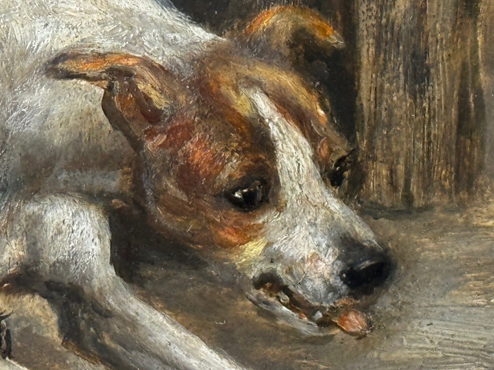 photo furniture 19e-eeuws jachtschilderij in olieverf, twee Jack Russell Terrier honden die een rat achtervolgen in een schuur, gesigneerd door Edward Aistrop