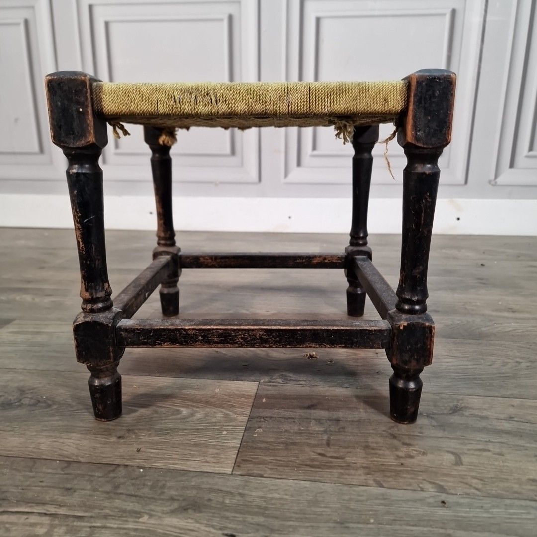 Antique Rope Seat Stool Small Primitive Turned Wooden Rush Weave Vintage photo vintage