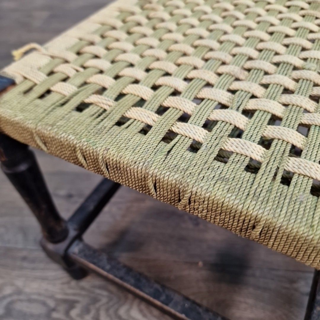 photo vinterior Antique Rope Seat Stool Small Primitive Turned Wooden Rush Weave Vintage