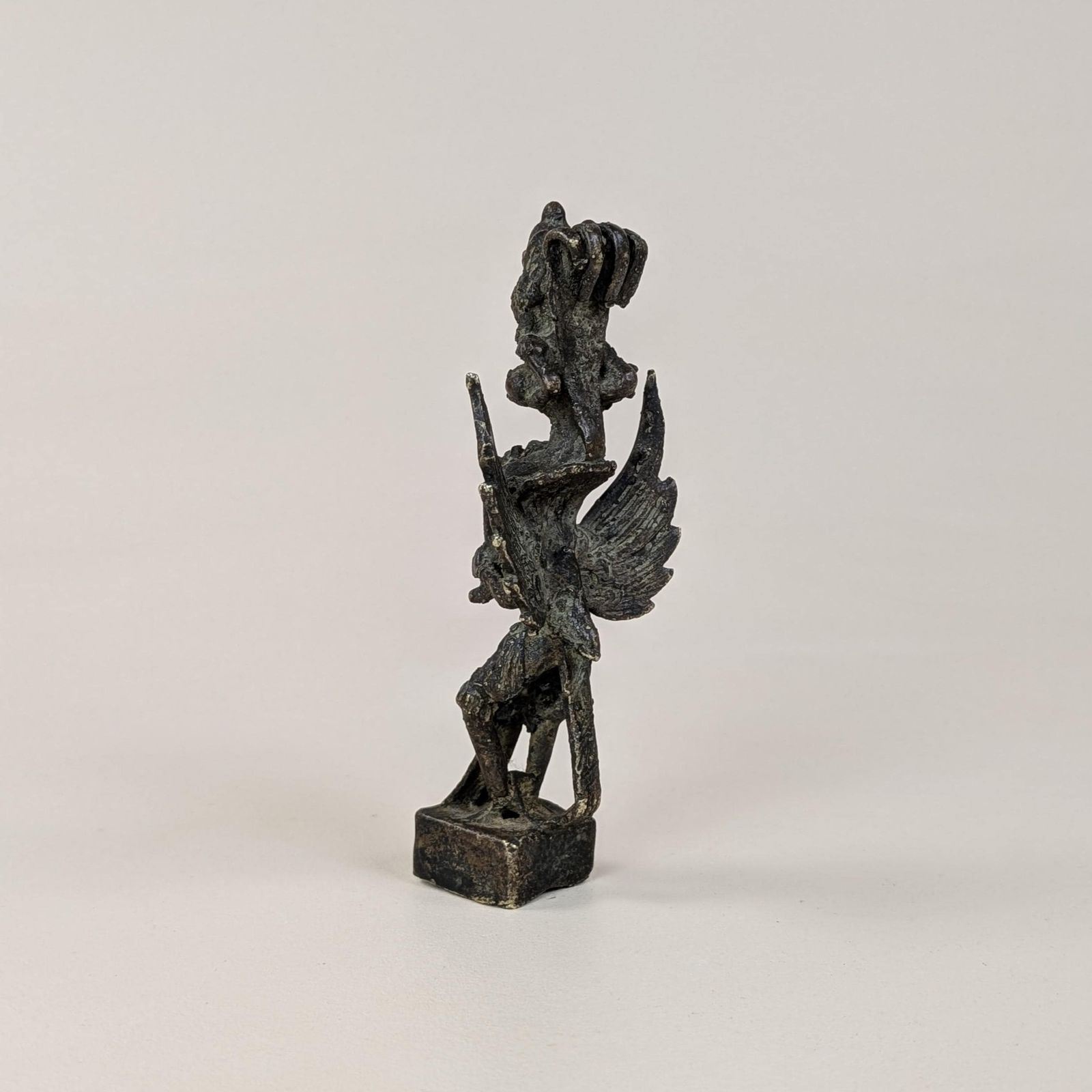 Vishnu Garuda Bronze Figurine, Antique Javanese Pole Finial, Sacred Hindu Deity Mount On Hollow Square Base, Dark Patina Asian Altar Decor photo Home Decor