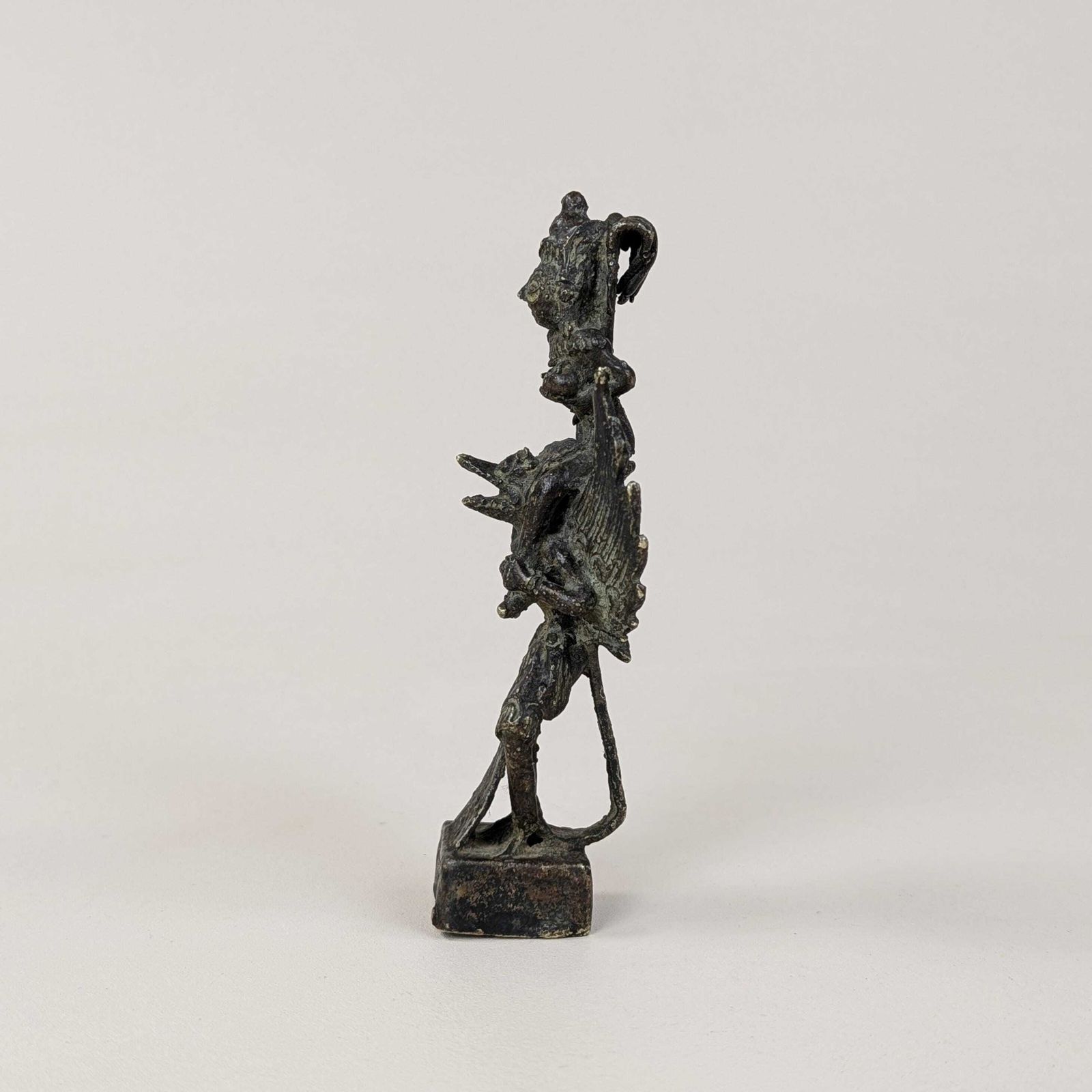 Vishnu Garuda Bronze Figurine, Antique Javanese Pole Finial, Sacred Hindu Deity Mount On Hollow Square Base, Dark Patina Asian Altar Decor photo 157.0