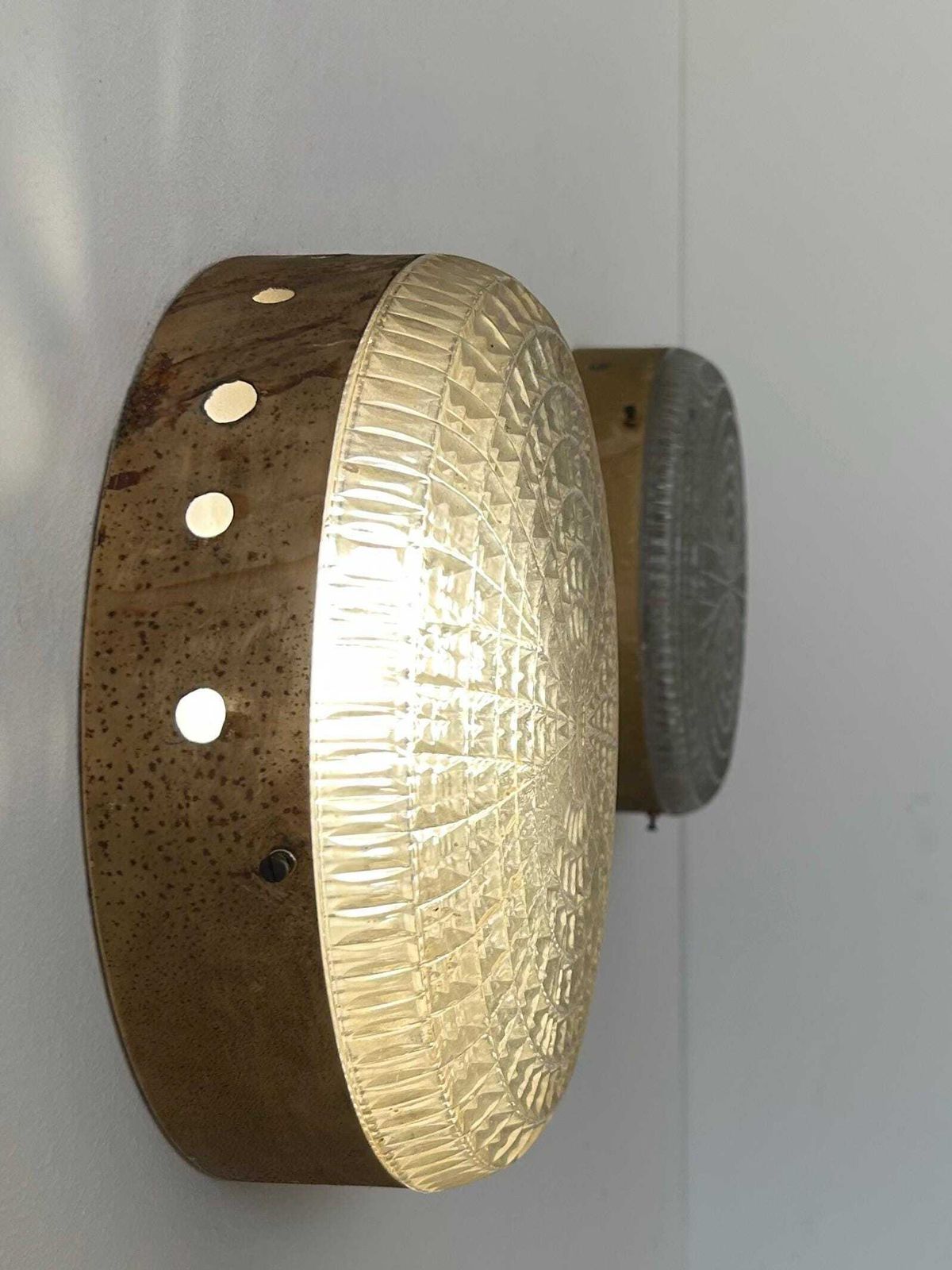 Pair Of Vintage Wall Sconces In Gilt Metal And Pressed Molded Glass, France 1970 photo Lighting