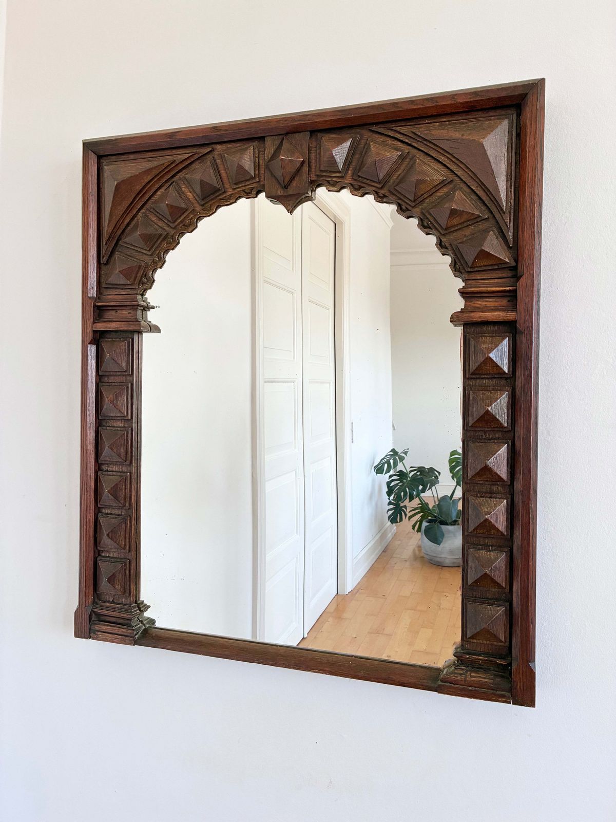 Antique Spanish Revival Oak Wall Mirror With Geometric Carving