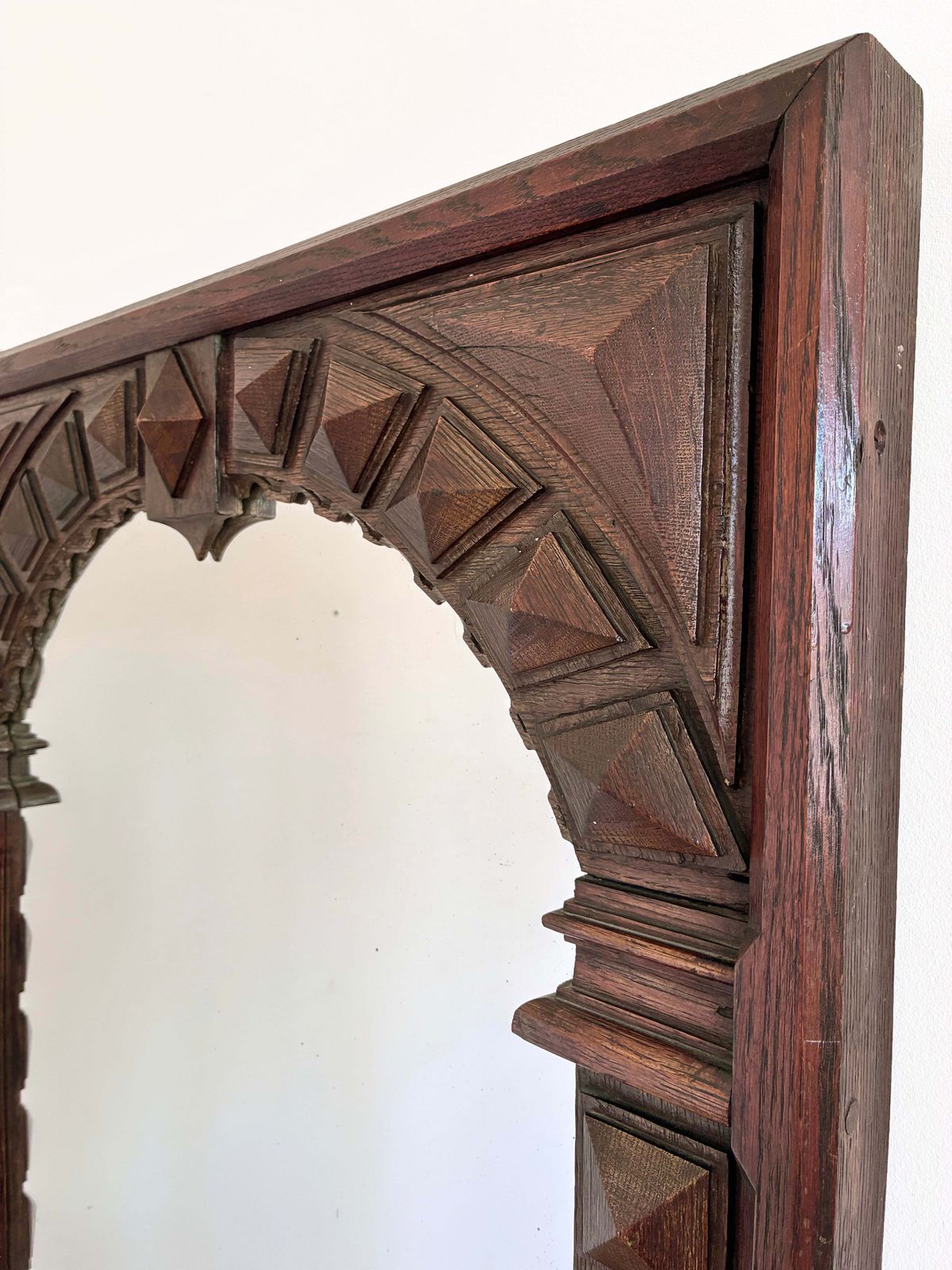 Antique Spanish Revival Oak Wall Mirror With Geometric Carving photo furniture