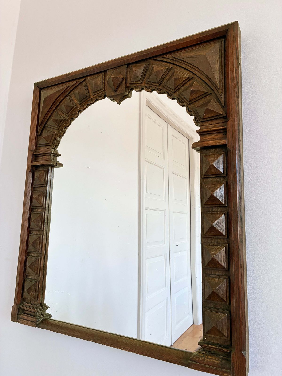 photo furniture Antique Spanish Revival Oak Wall Mirror With Geometric Carving