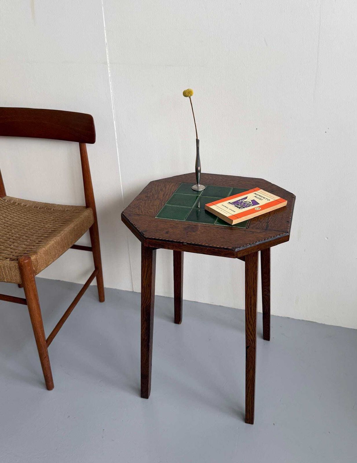 Antique Side Table With Green Tiled Top, Chevron Inlays And Tapered Legs photo furniture