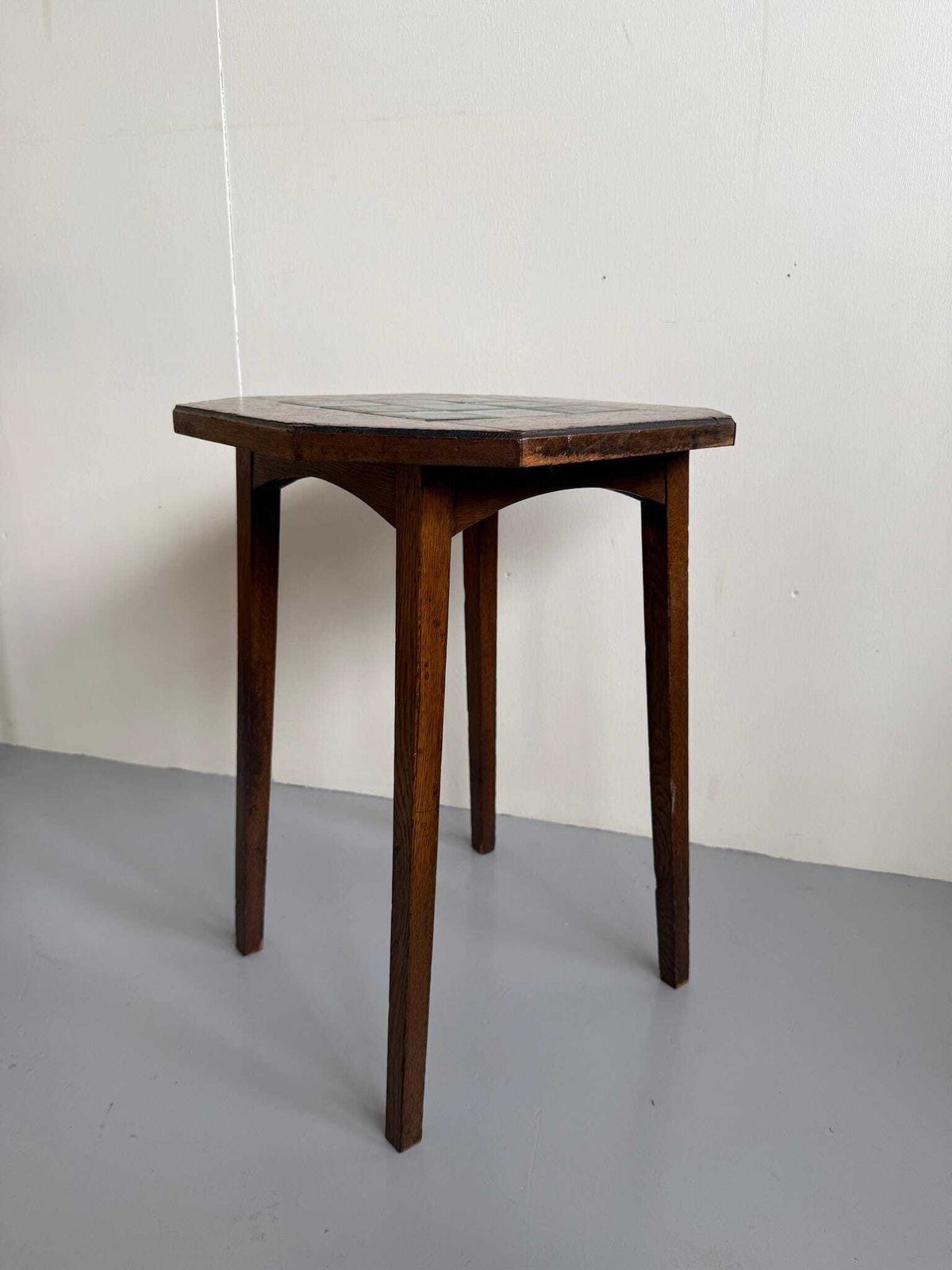 Antique Side Table With Green Tiled Top, Chevron Inlays And Tapered Legs photo vinterior