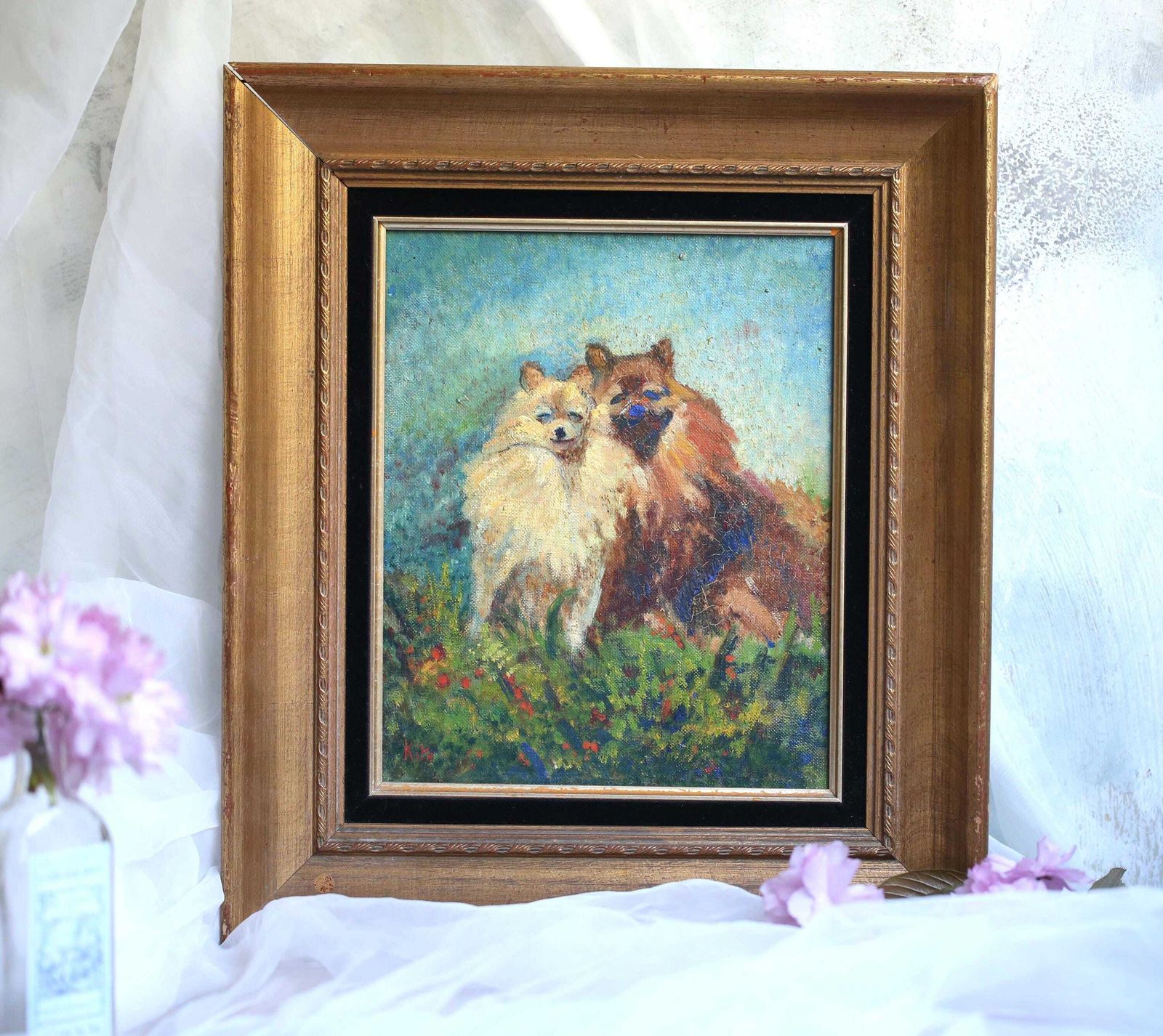 Original Pomeranian Oil Painting Framed Dogs Wall Art Signed Kita photo Art