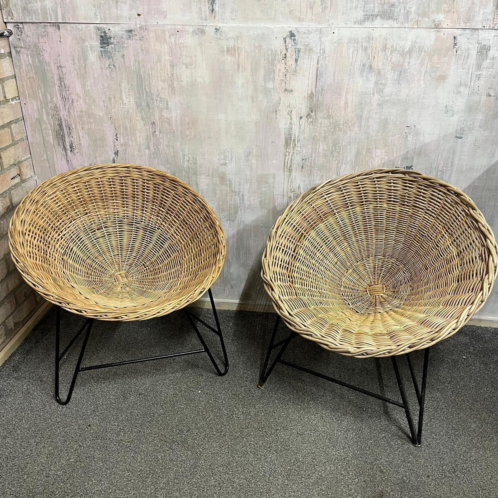 369.0 Near Pair Mcm Bamboo Tub Chairs Black Metalwork Frames Style Of Roberto Mango photo