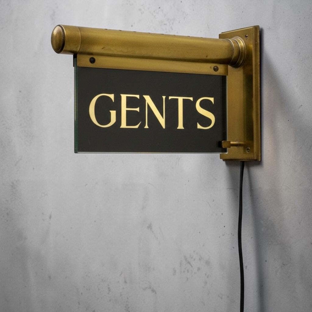 Antique "Internalite" Illuminated Brass Glass 'Gents' Wall Sign 1930s photo for sale