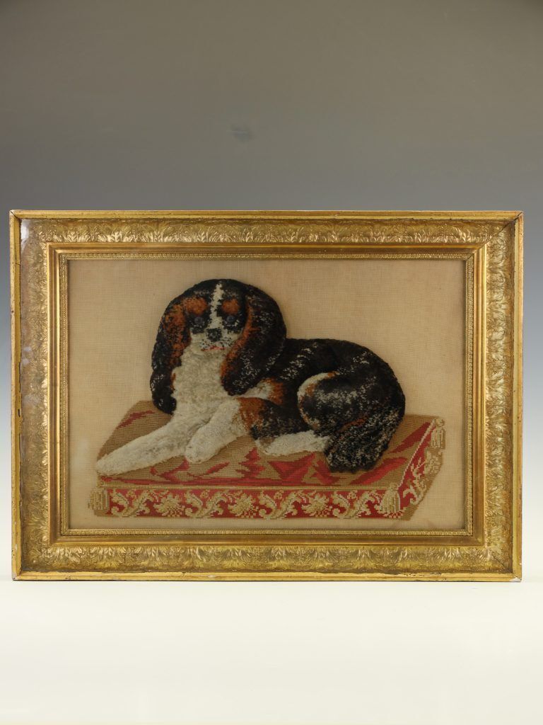 Large Framed 19th Century Folk Art Woolwork Of A King Charles Spaniel On A Cushion