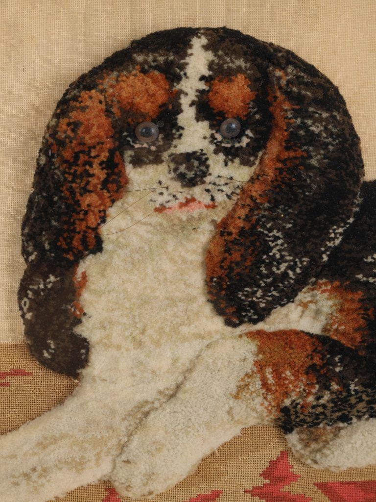 Large Framed 19th Century Folk Art Woolwork Of A King Charles Spaniel On A Cushion photo furniture