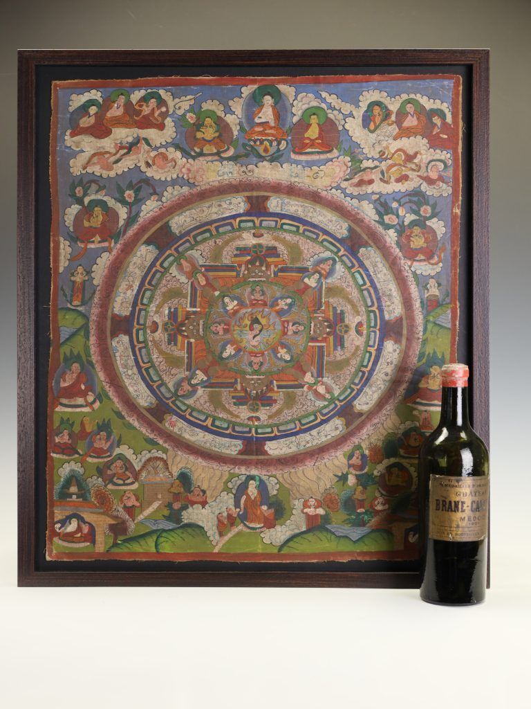 Large Antique Tibetan Buddhist Mandala Thangka Painting On Canvas, Framed photo for sale