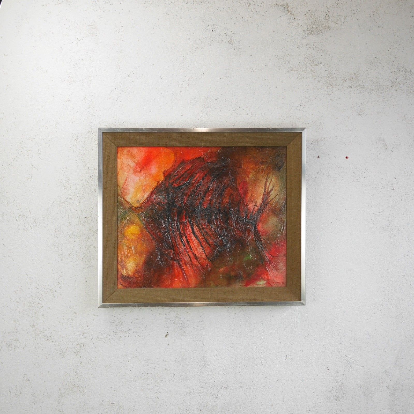 Vintage Mid Century Abstract Fish Reds Oil Painting Art Framed Hessian #103198 photo furniture