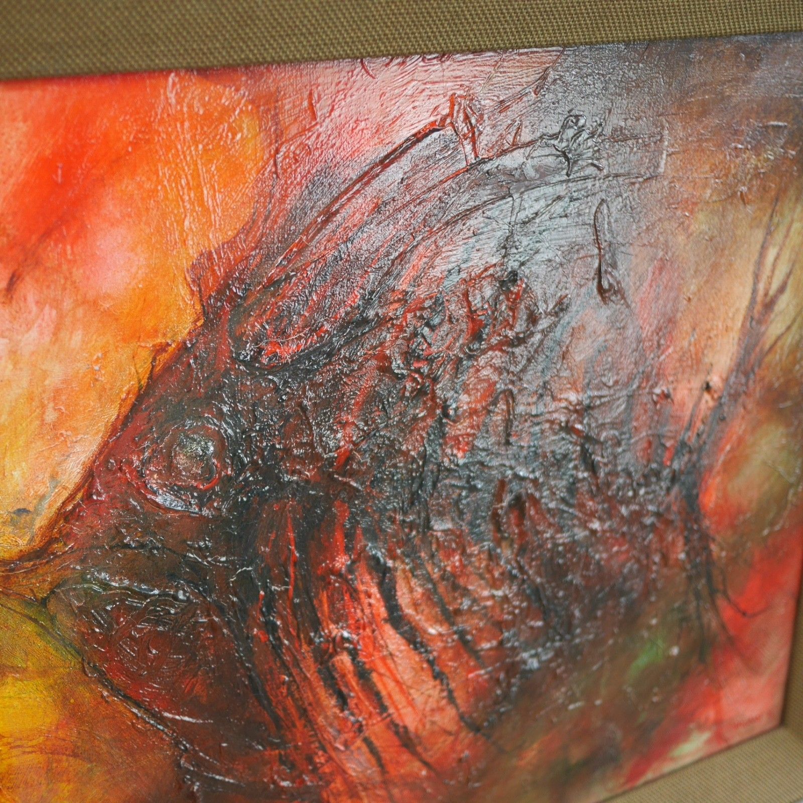 Vintage Mid Century Abstract Fish Reds Oil Painting Art Framed Hessian #103198 photo vintage