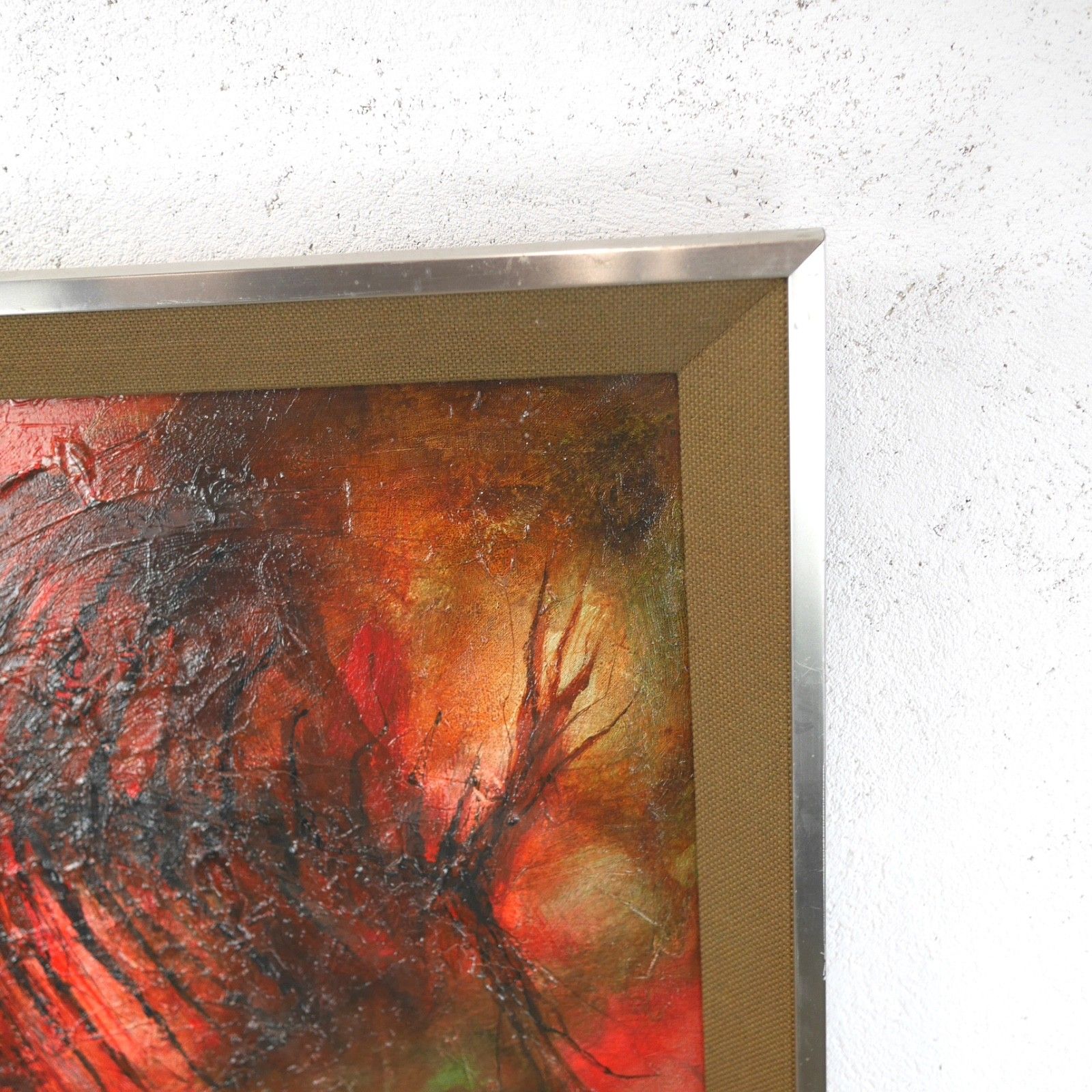 photo vinterior Vintage Mid Century Abstract Fish Reds Oil Painting Art Framed Hessian #103198