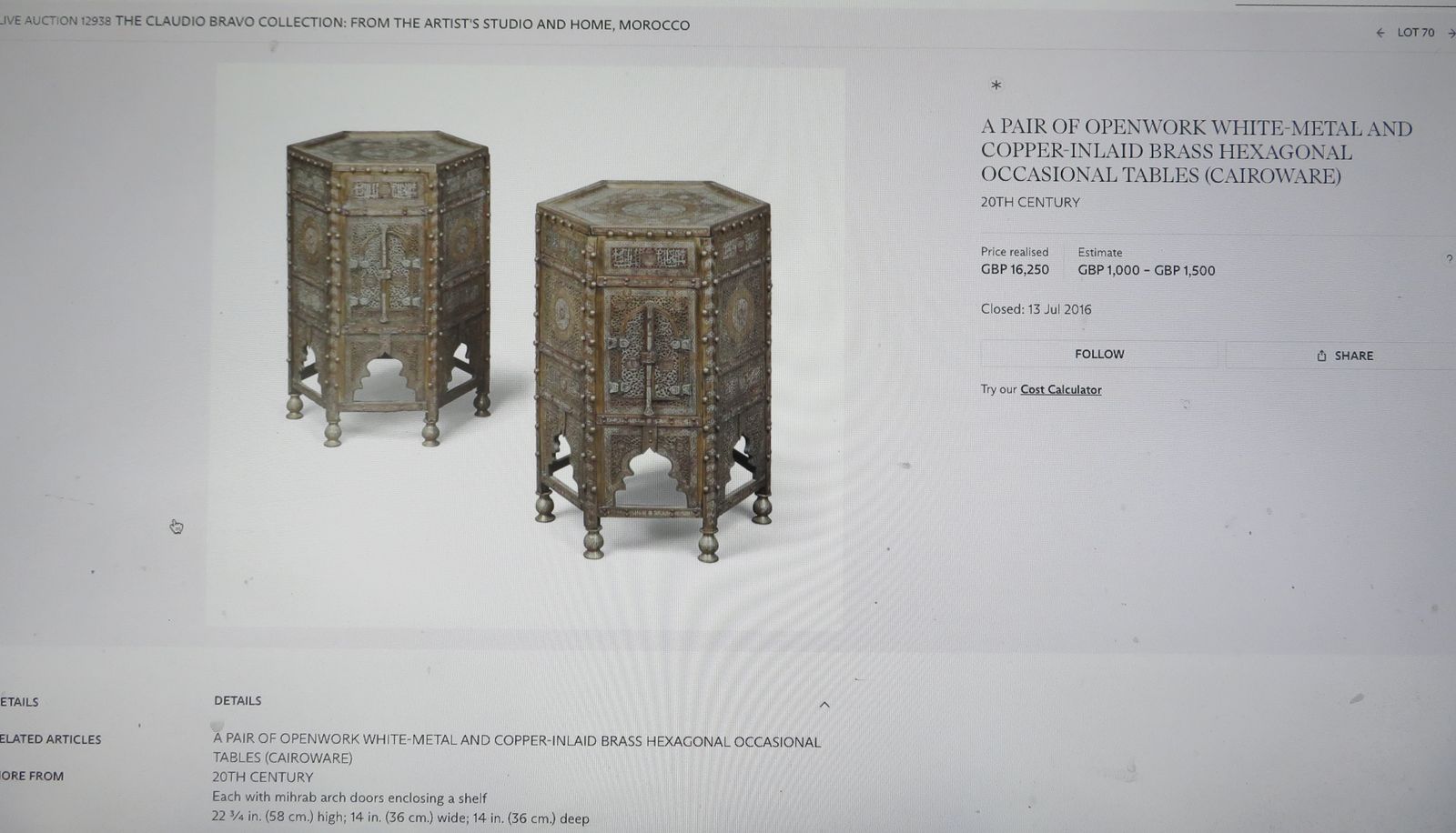 photo furniture Openwork White Metal And Copper Inlaid Brass Hexagonal Occasional Table Kursi (Cairoware)