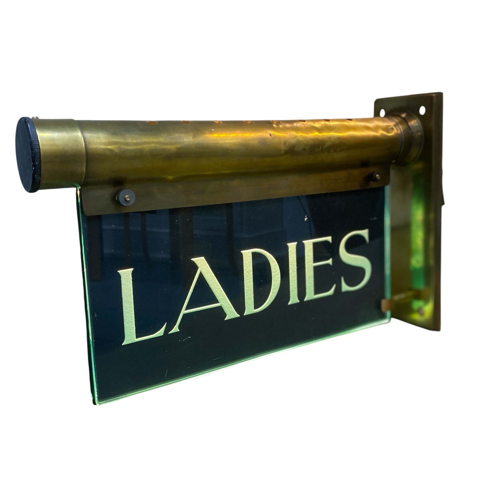 1235.0 Antique "Internalite" Illuminated Brass Glass 'Ladies' & 'Gents' Wall Sign 1930s Pair photo