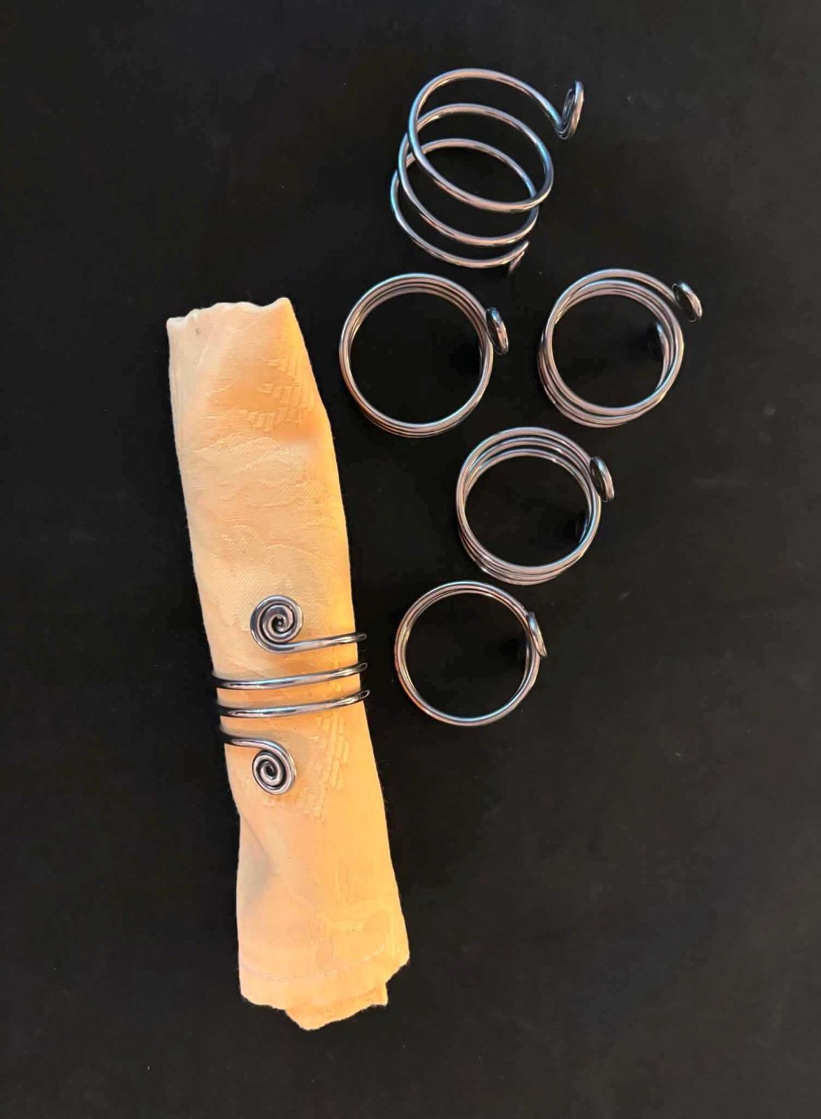 192.0 Set Of 6 Twisted Metal Napkin Rings, Forged French Table Decor, Spiral Metal Napkin Holders, Rustic Brutalist Modern Table Setting photo